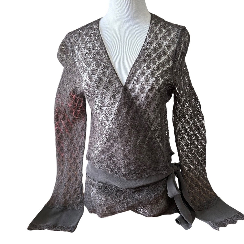 Nougat London Brown Gray Mohair Blend Lace Knit Wrap Cardigan Tie Waist Top Sz 4